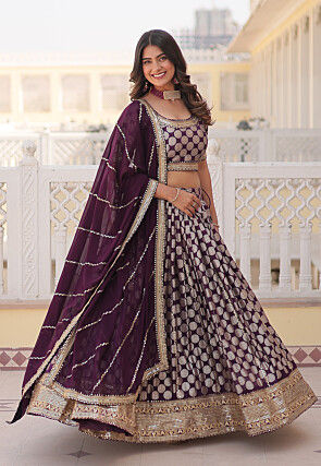 Woven Art Viscose Silk Jacquard Lehenga in Wine