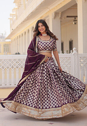 Woven Art Viscose Silk Jacquard Lehenga in Wine