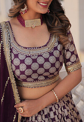 Woven Art Viscose Silk Jacquard Lehenga in Wine