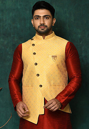 Woven Asymmetric Art Silk Jacquard Nehru Jacket in Yellow