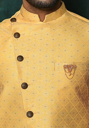 Woven Asymmetric Art Silk Jacquard Nehru Jacket in Yellow