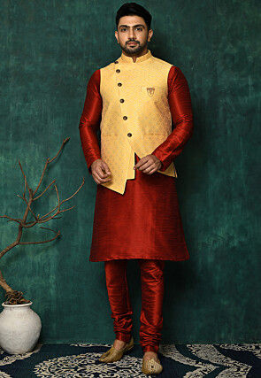 Woven Asymmetric Art Silk Jacquard Nehru Jacket in Yellow