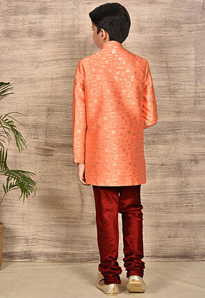 Woven Asymmetric Art Silk Jaquard Sherwani in Peach