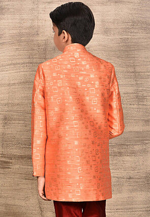 Woven Asymmetric Art Silk Jaquard Sherwani in Peach