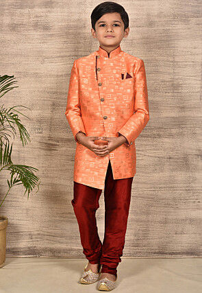 Woven Asymmetric Art Silk Jaquard Sherwani in Peach