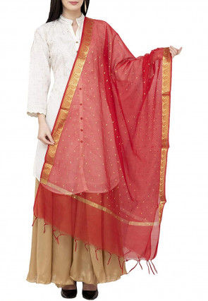 Woven Banarasi Chanderi Silk Dupatta in Red