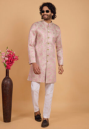 Banarasi Silk Jacquard Sherwani in Cream and Pink