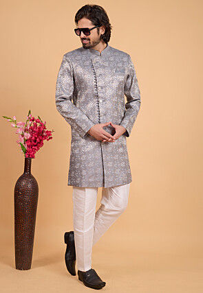Banarasi Silk Jacquard Sherwani in Grey