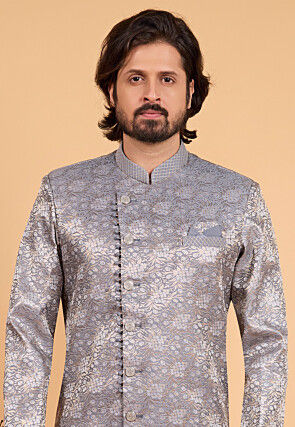 Banarasi Silk Jacquard Sherwani in Grey
