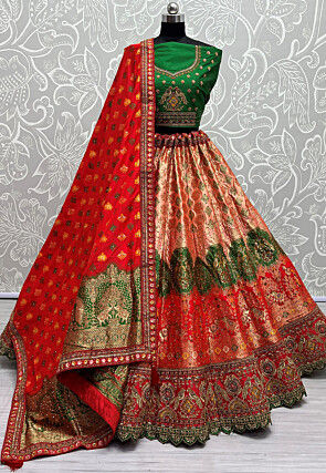 Woven Banarasi Silk Lehenga in Orange and Red