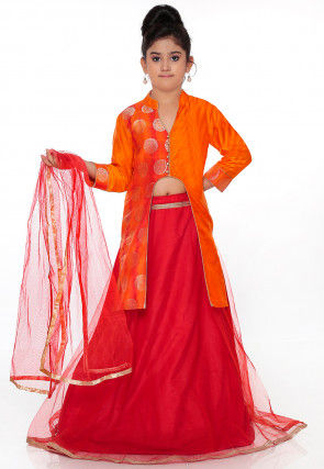 Woven Banarasi Silk Lehenga in Red and Orange