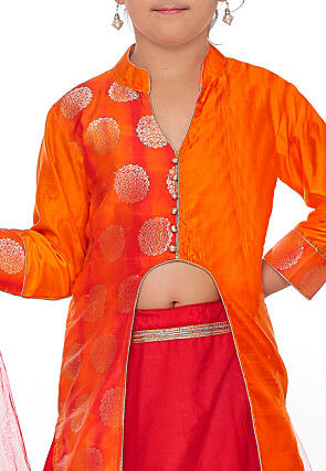 Woven Banarasi Silk Lehenga in Red and Orange