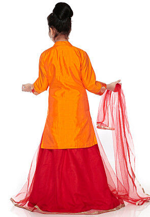 Woven Banarasi Silk Lehenga in Red and Orange