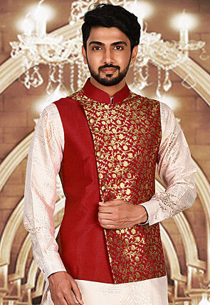 Woven Banarasi Silk Nehru Jacket in Red