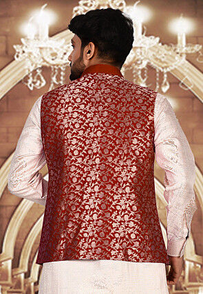 Woven Banarasi Silk Nehru Jacket in Red