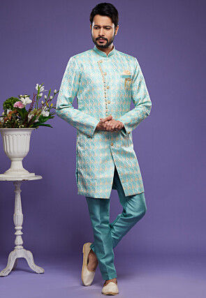 Woven Banarasi Silk Sherwani in Light Blue