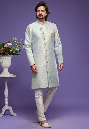 Woven Banarasi Silk Sherwani in Sky Blue