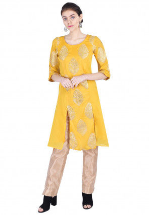Woven Banarasi Silk Slitted Kurta in Yellow