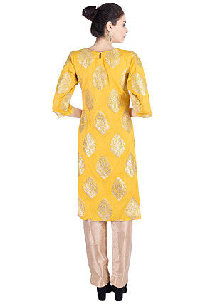 Woven Banarasi Silk Slitted Kurta in Yellow