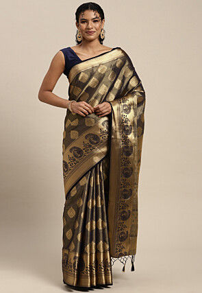 Woven Bangalore Silk Saree in Charcoal Black