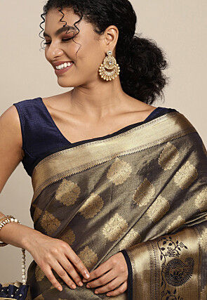 Woven Bangalore Silk Saree in Charcoal Black
