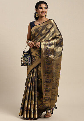 Woven Bangalore Silk Saree in Charcoal Black