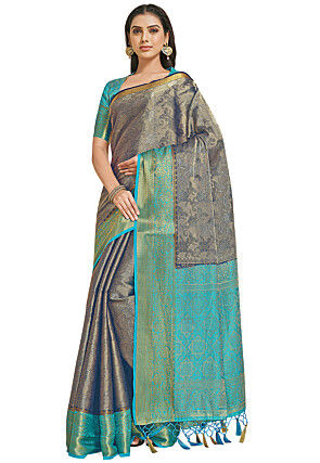 Woven Bangalore Silk Saree in Dark Blue