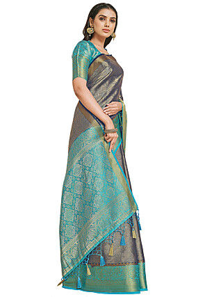 Woven Bangalore Silk Saree in Dark Blue