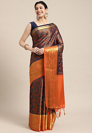 Woven Bangalore Silk Saree in Dark Blue