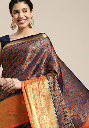 Woven Bangalore Silk Saree in Dark Blue