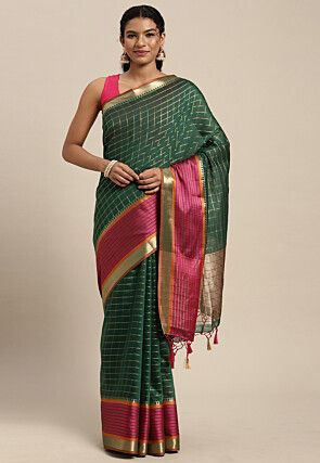 Woven Bangalore Silk Saree in Dark Green