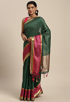 Woven Bangalore Silk Saree in Dark Green