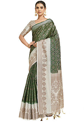 Woven Bangalore Silk Saree in Dark Green