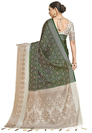 Woven Bangalore Silk Saree in Dark Green