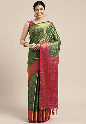 Woven Bangalore Silk Saree in Dark Green