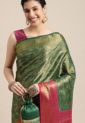 Woven Bangalore Silk Saree in Dark Green