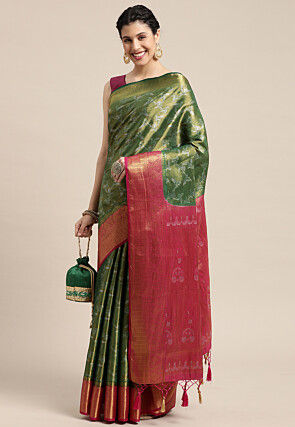 Woven Bangalore Silk Saree in Dark Green