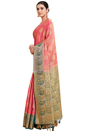 Woven Bangalore Silk Saree in Dark Pink