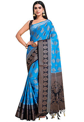 Woven Bangalore Silk Saree in Dark Teal Blue