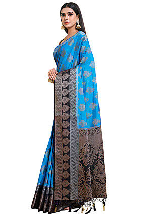Woven Bangalore Silk Saree in Dark Teal Blue