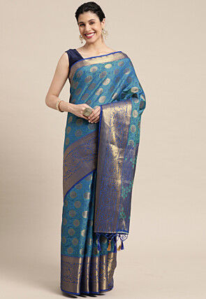 Woven Bangalore Silk Saree in Dusty Blue
