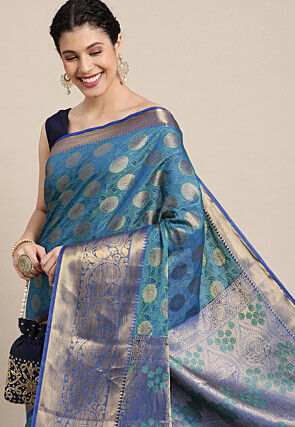 Woven Bangalore Silk Saree in Dusty Blue