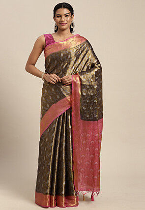 Woven Bangalore Silk Saree in Golden and Dark Blue
