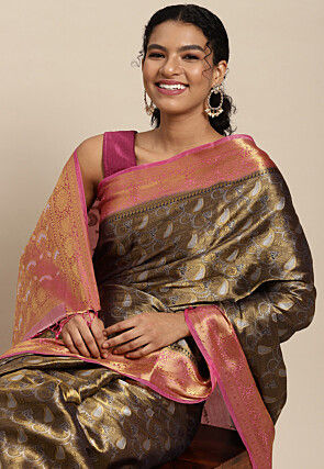 Woven Bangalore Silk Saree in Golden and Dark Blue