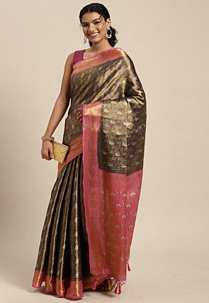 Woven Bangalore Silk Saree in Golden and Dark Blue