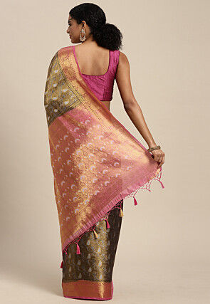 Woven Bangalore Silk Saree in Golden and Dark Blue