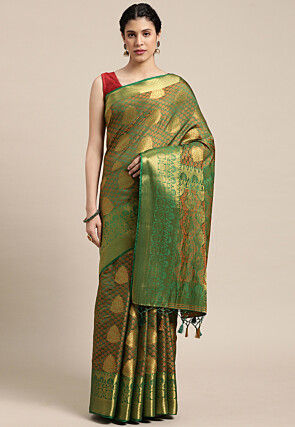 Woven Bangalore Silk Saree in Golden and Green
