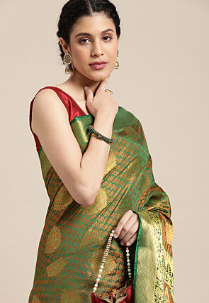 Woven Bangalore Silk Saree in Golden and Green