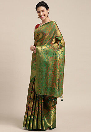 Woven Bangalore Silk Saree in Golden and Green