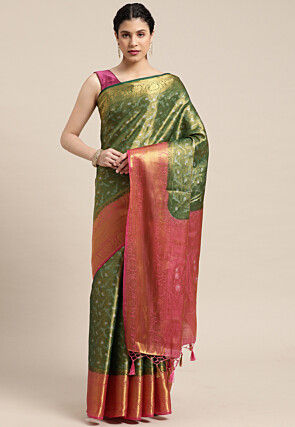 Woven Bangalore Silk Saree in Golden and Green